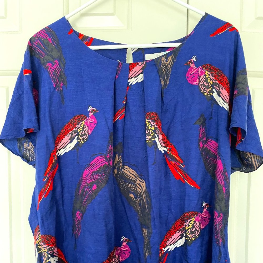 Boden Blue Silk Peacock Bird Print Pleated Short Sleeve Top